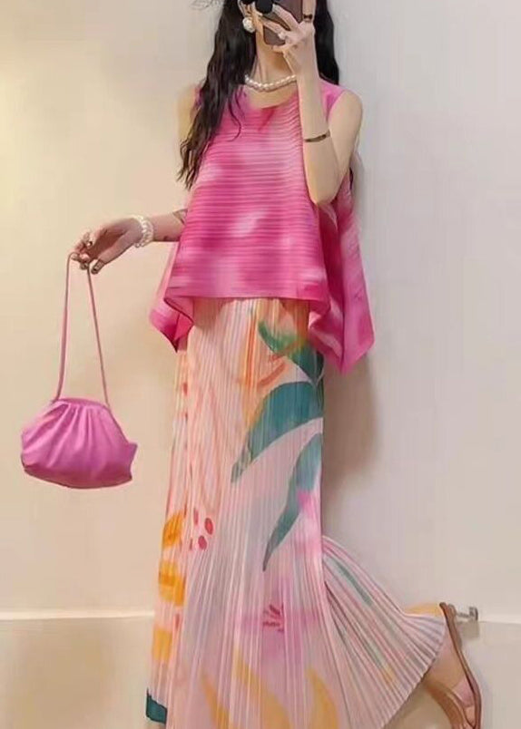 Stylish Pink Gradient Print Tops and Skirts 2 Piece Outfit Summer