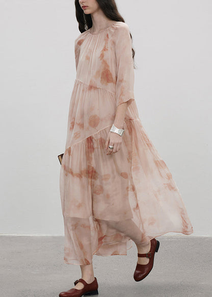 Boutique Pink O-neck Print Patchwork Silk Dresses Summer