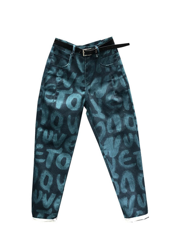 Green Pockets Graphic Print Jeans Fall