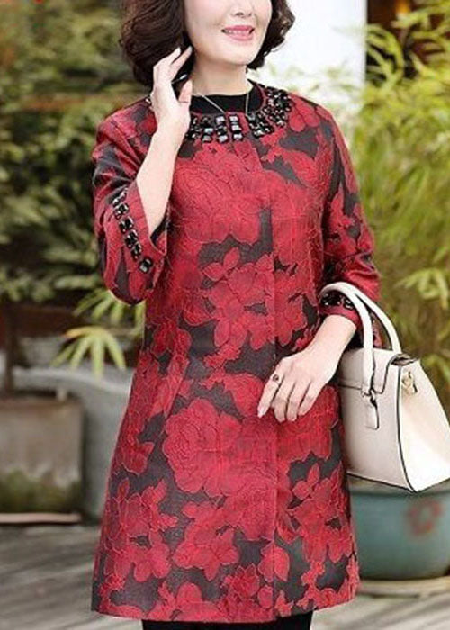 Red Jacquard Spandex Coat Outwear O-neck Bracelet Sleeve
