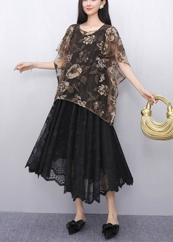 Loose Brown O-neck Tulle Top and Maxi Dress Two Pieces Set Summer