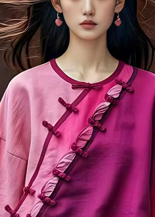 Pink Asymmetrical Button Cotton Shirt Batwing Sleeve