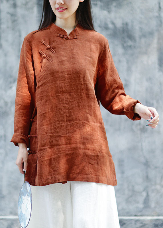 Brown Button Linen Blouses Spring
