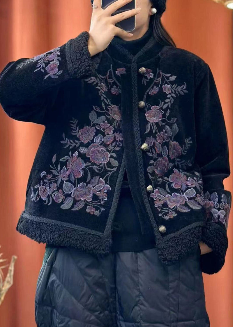 Black Embroideried Button Cotton Filled Coats Long Sleeve
