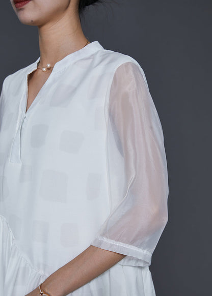 White V Neck Draping Silk Long Dresses Half Sleeve