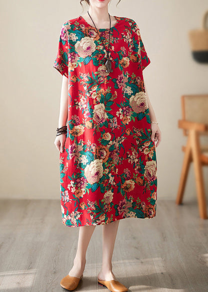 Handmade Navy Blue O-neck Print Cotton Long Dress Short Sleeve