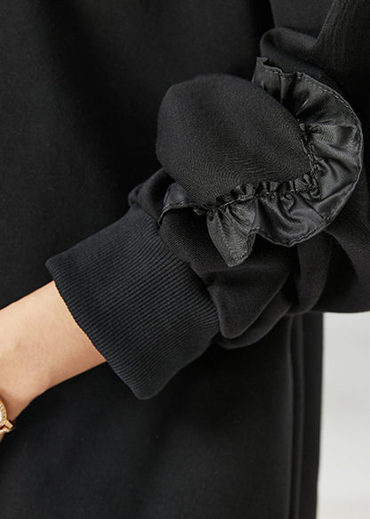 Black Ruffled Patchwork Warm Fleece Sweatshirts Top Spring