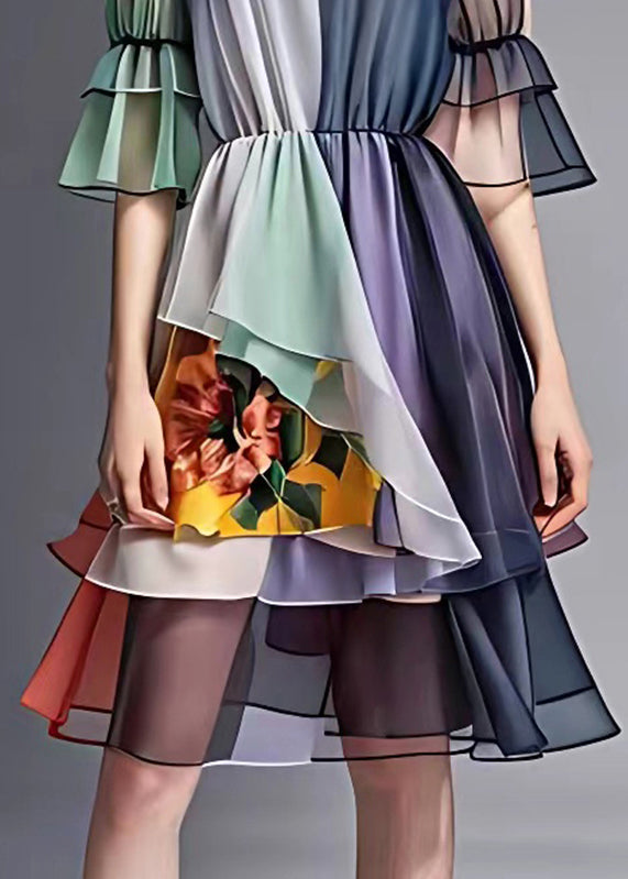 Navy Print Wrinkled Chiffon Mid Dress Summer