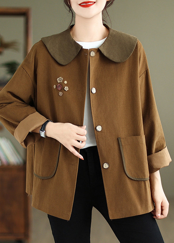 Chocolate Peter Pan Collar Patchwork Cotton Coat Spring