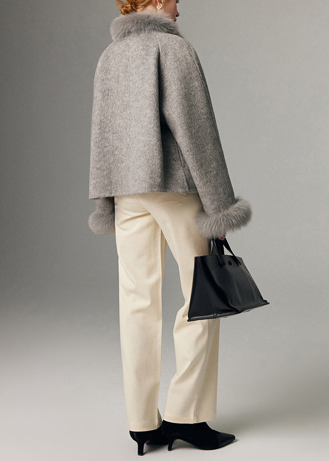 Grey Oversized Patchwork Fox Fur Wool Cardigan Winter