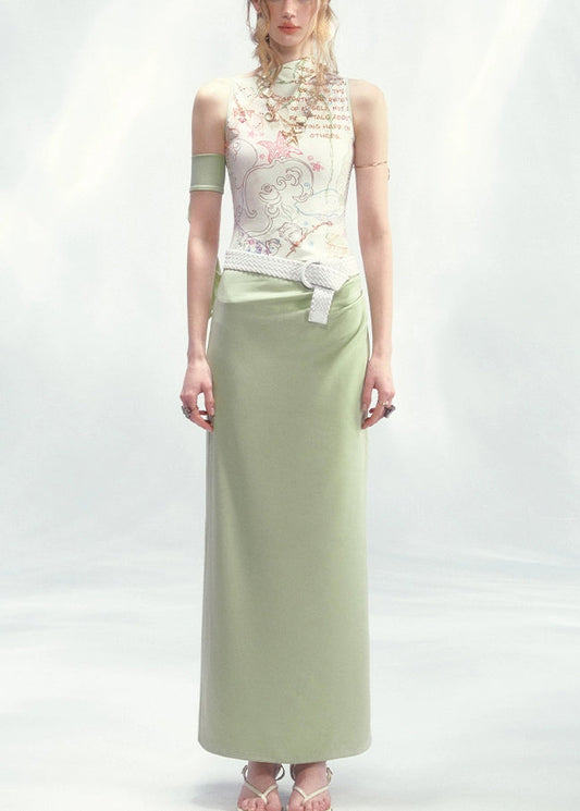 French White Green Print Long Dresses Sleeveless