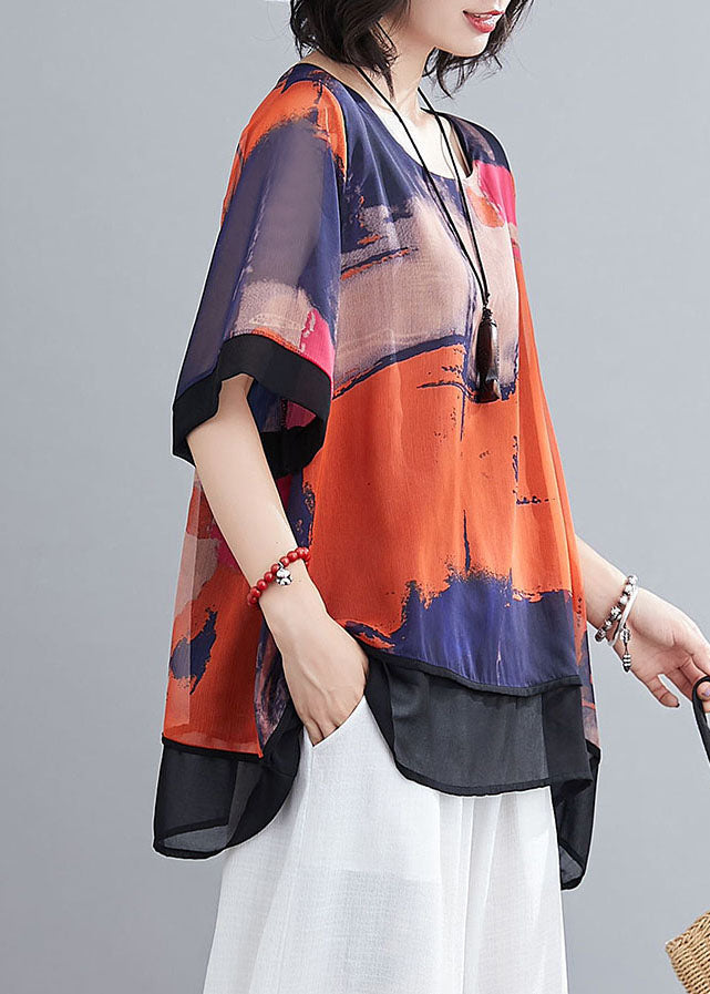 Red O-neck Oversized Tie Dye Chiffon Tanks Short Sleeve