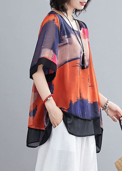 Red O-neck Oversized Tie Dye Chiffon Tanks Short Sleeve