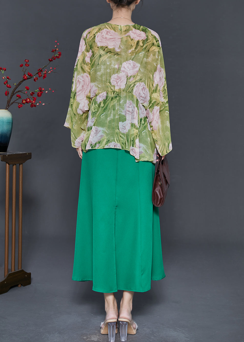 Organic Green Oversized Print Chiffon Sets 2 Pieces Fall