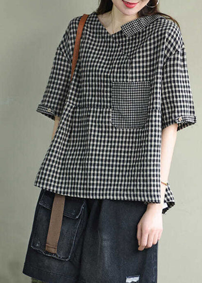 Black Asymmetrical Design V Neck Linen Tops Short Sleeve