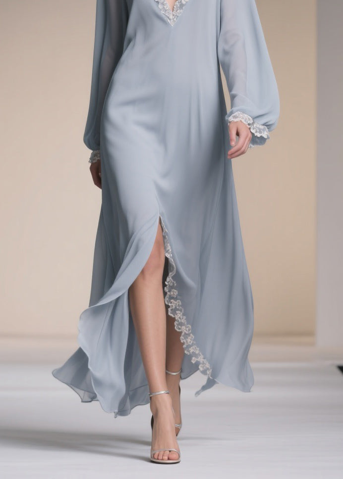 Light Blue V Neck Lace Side Open Chiffon Dresses Spring