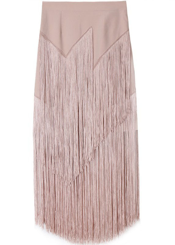Pink Zip Up Tassel Patchwork Skirt Spring