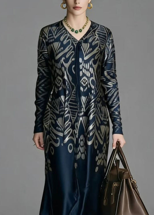 V Neck Print Silk Dress Spring