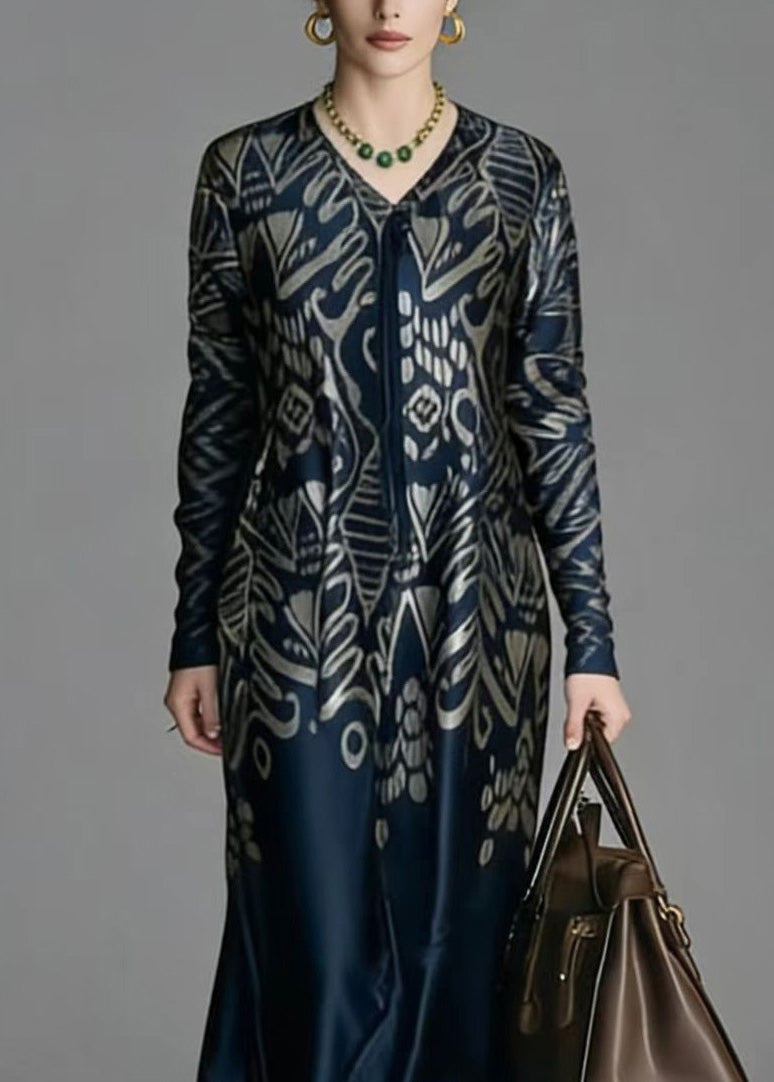 V Neck Print Silk Dress Spring
