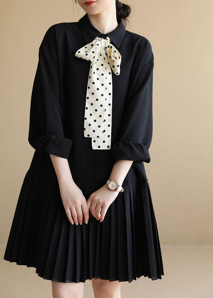 Black Peter Pan Collar Patchwork Plaid Bow Necktie Cotton Pleated Dress Long Sleeve