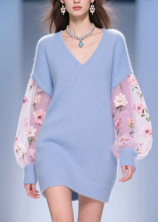 Diy Blue V Neck Tulle Patchwork Knit Sweater Dress Fall