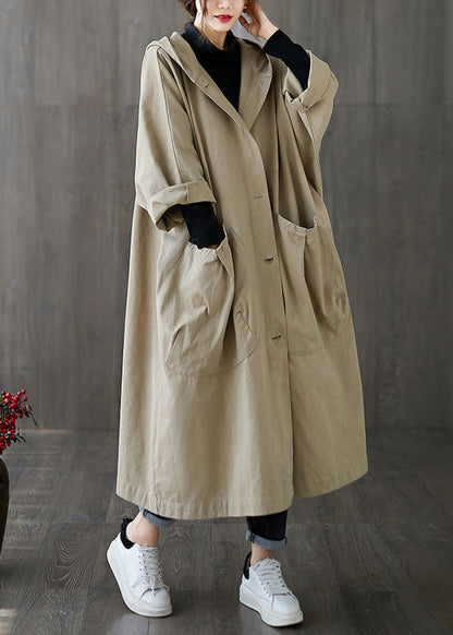 Diy Khaki Hooded Pockets Cotton Coat Spring