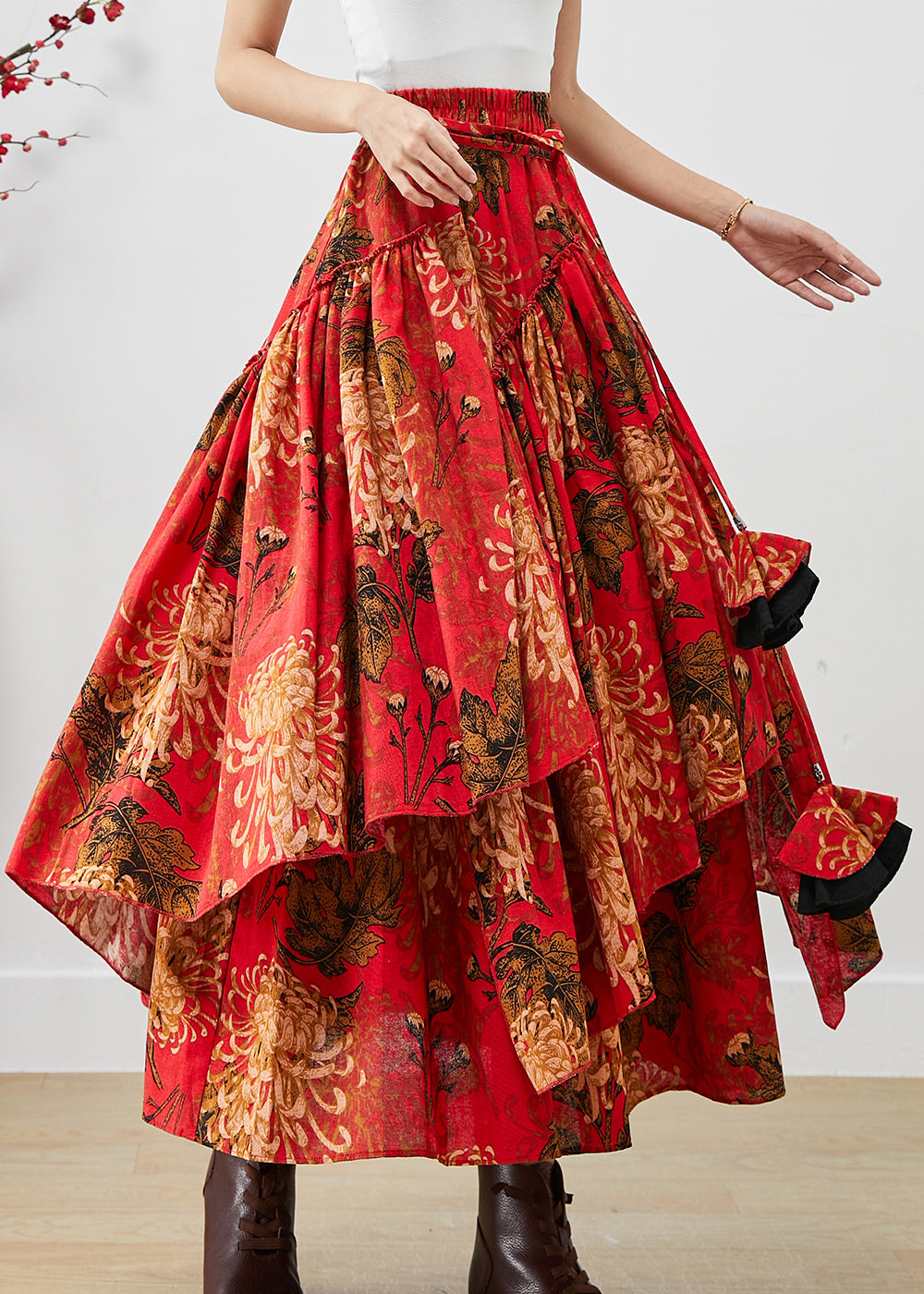 Loose Red Asymmetrical Print Cotton a Line Skirts Fall