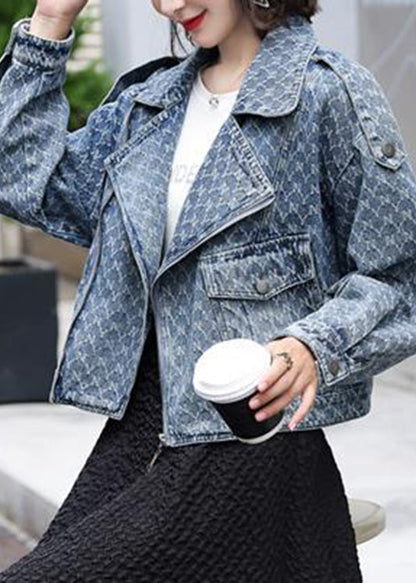 Denim Blue Notched Zippered Plaid Coat Long Sleeve