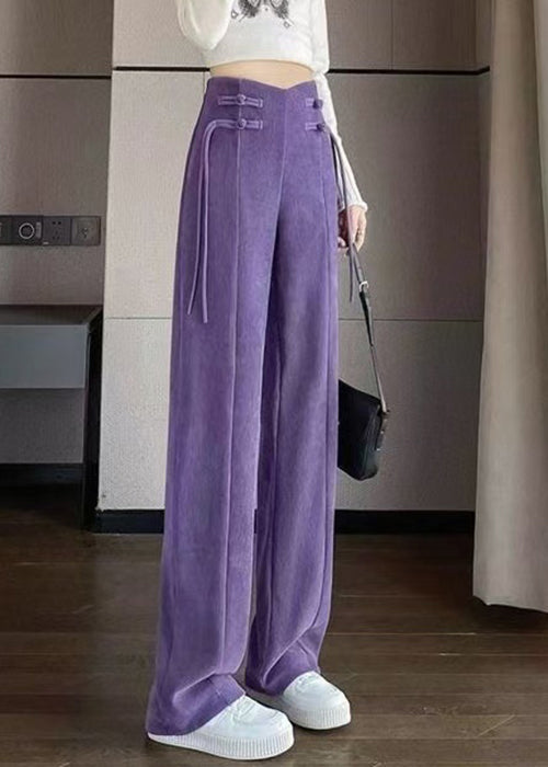 Purple Button Corduroy Pants Elastic Waist Spring