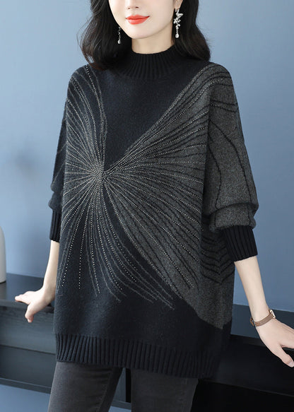 Black Turtleneck Zircon Thick Knit Sweaters Fall