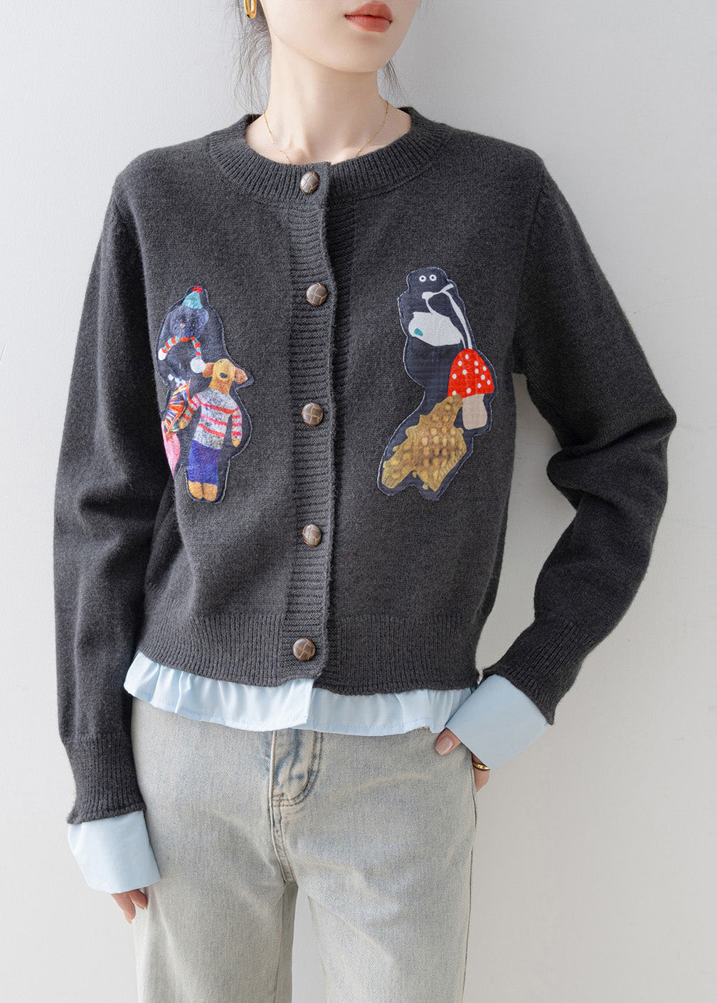 Grey Oversized Patchwork Knit Fake Two Piece Cardigan Winter