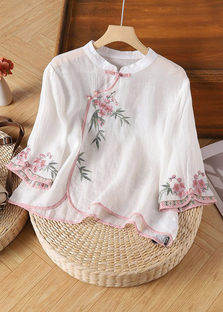 Chinese Style Apricot Stand Collar Embroidered Tops Spring