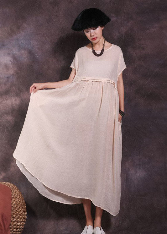 Art Beige Wrinkled Patchwork Cotton Long Dress Short Sleeve