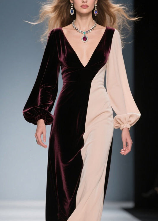 Colorblock V Neck Patchwork Velvet Long Dress Fall