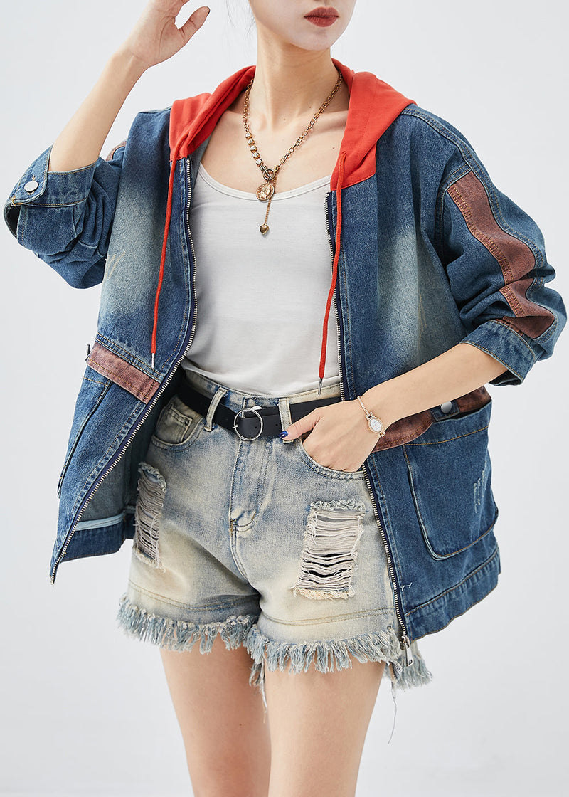 Red Hooded Patchwork Denim Coats Fall