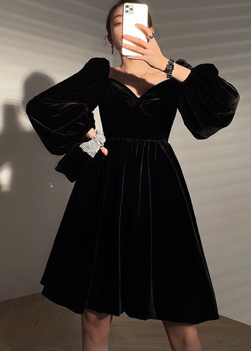 French Black V Neck Color Velour Mid Dress Lantern Sleeve