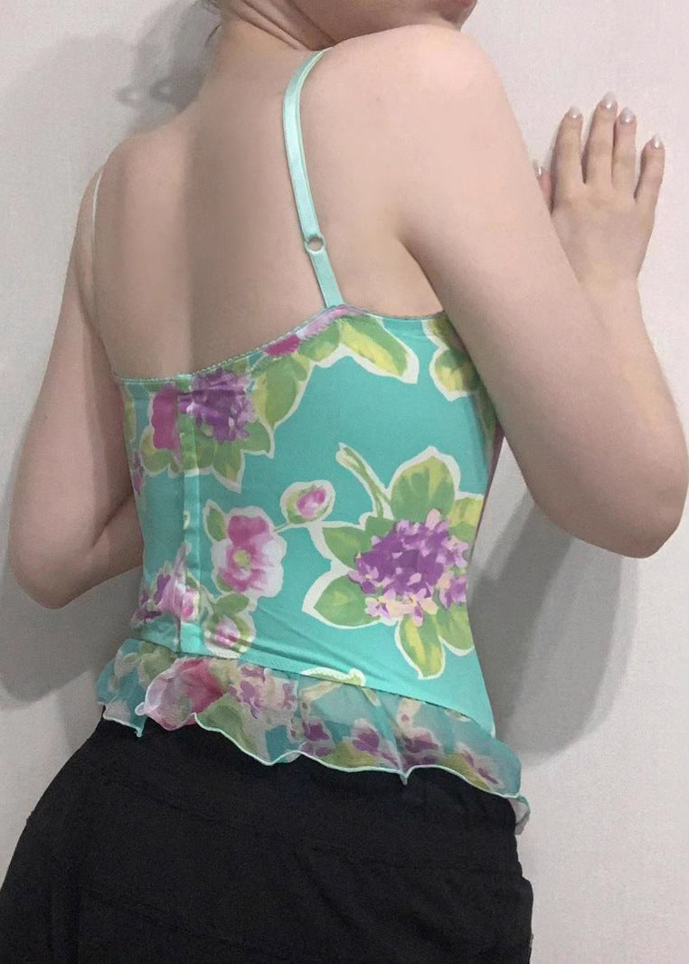 Green Print Tulle Patchwork Spaghetti Strap Tank Sleeveless