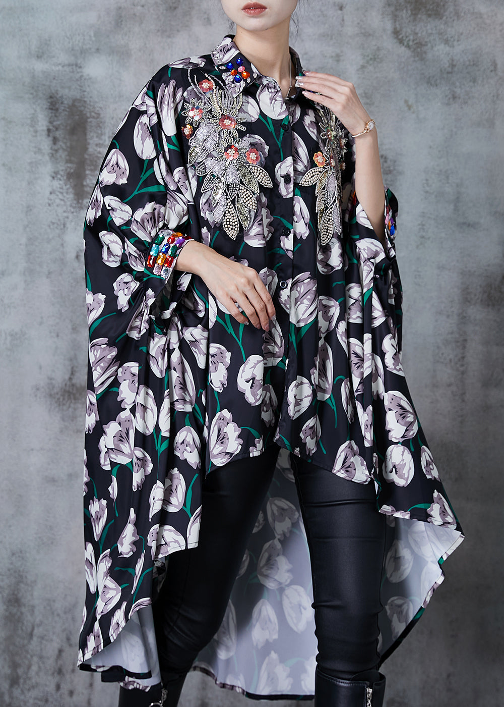 Diy Black Sequins Print Low High Design Cotton Shirt Tops Fall