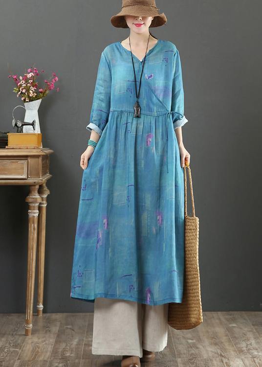 Modern V Neck Tie Waist Spring Outfit Shirts Navy Print Traveling Dress