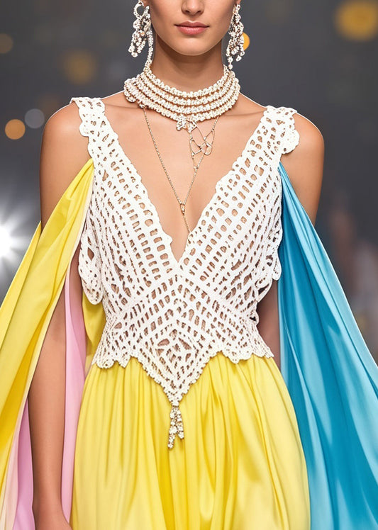 Fine Yellow Asymmetrical Patchwork Cold Shoulder Party Dress Summer