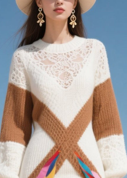 White Patchwork Lace Knitted Dress Winter