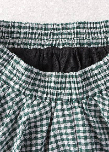 Green White Plaid Asymmetrical High Waist Cotton a Line Skirt Fall