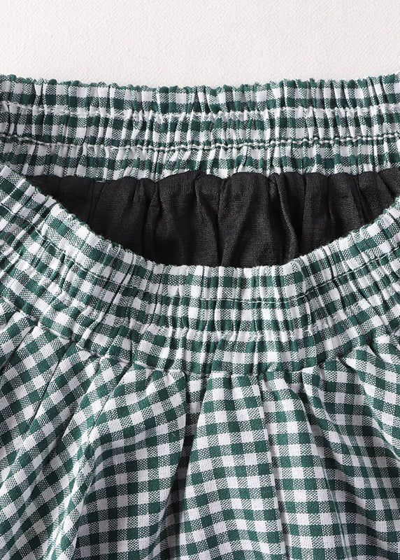 Green White Plaid Asymmetrical High Waist Cotton a Line Skirt Fall