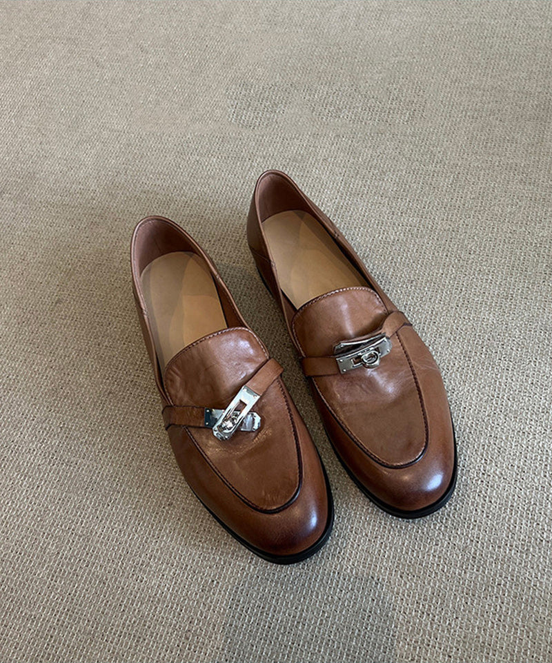 Brown Cowhide Leather Splicing Loafers for