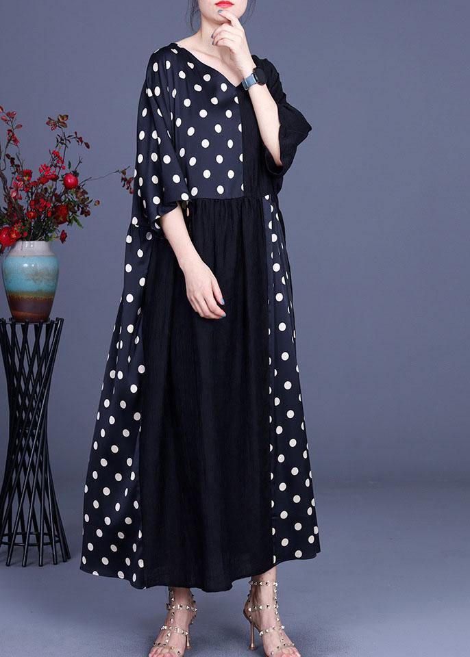 Fitted Black Patchwork Dot V Neck Silk Ankle Dress Summer
