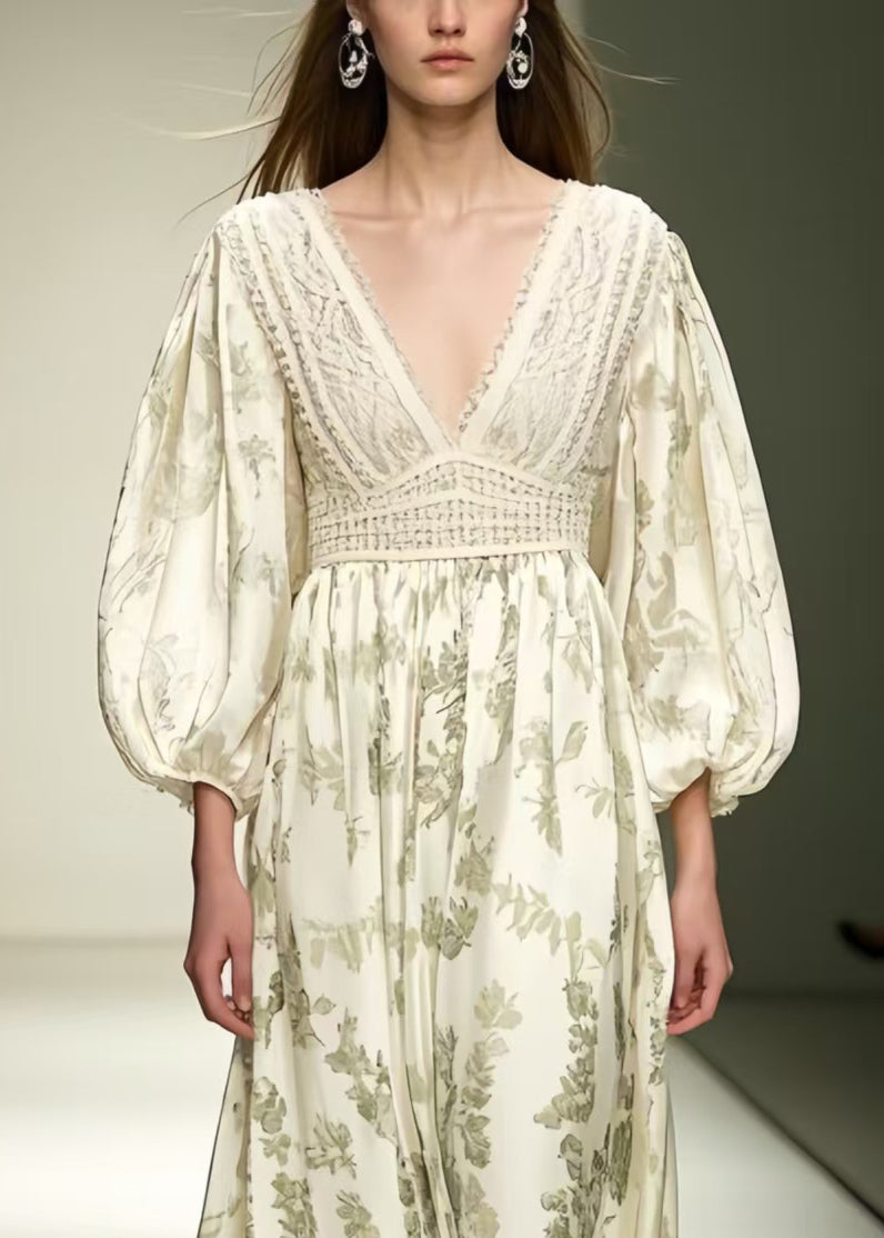 Fitted Beige V Neck Print Silk Vacation Dresses Lantern Sleeve Summer