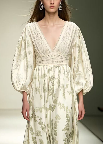Fitted Beige V Neck Print Silk Vacation Dresses Lantern Sleeve Summer