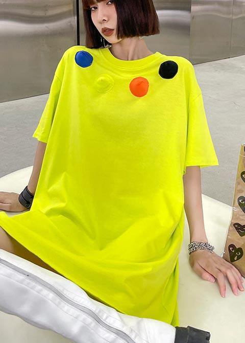 Loose Fluorescent Green Cotton O-neck Half Sleeve Summer Dress