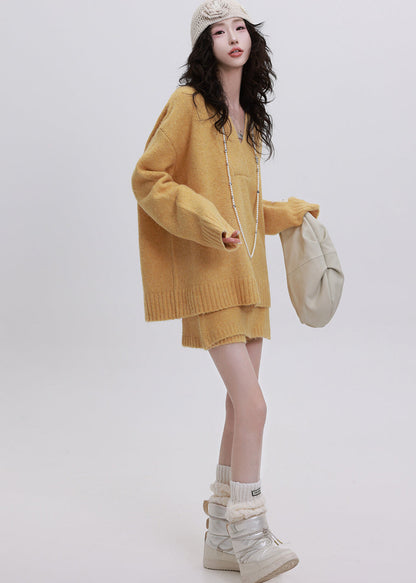 Yellow Cozy Knit Two Piece Set Clothing Asymmetrical Design Winter