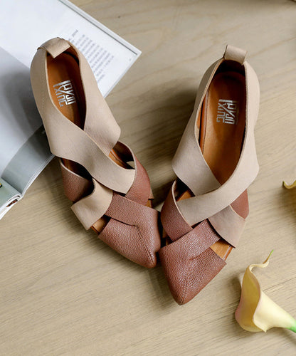 Pointed Toe Chunky Sandals Yellow Green Cowhide Leather Splicing Sandals